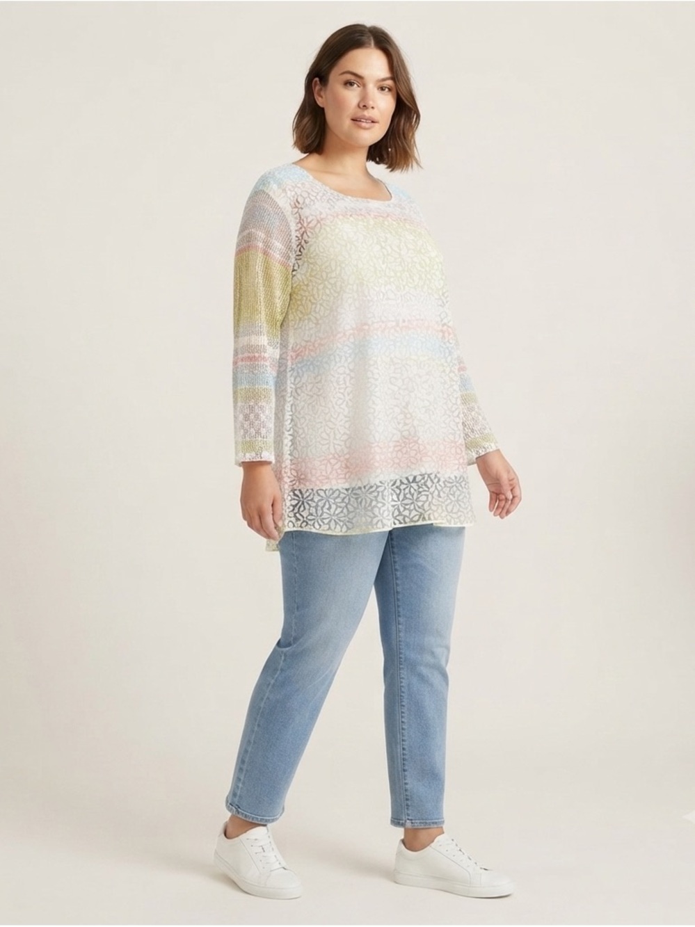 Ali Miles layered floral striped sheer sleeves top